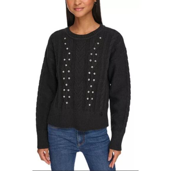 Karl Lagerfeld Womens Cable Neck Mock Knit Sweater, Black Medium - Picture 1 of 14
